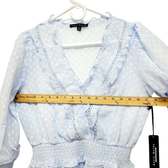 Blue Haute Monde Womens Polka Dot  Blouse Smocked Waist Long Sleeves SIZE S - Picture 7 of 8